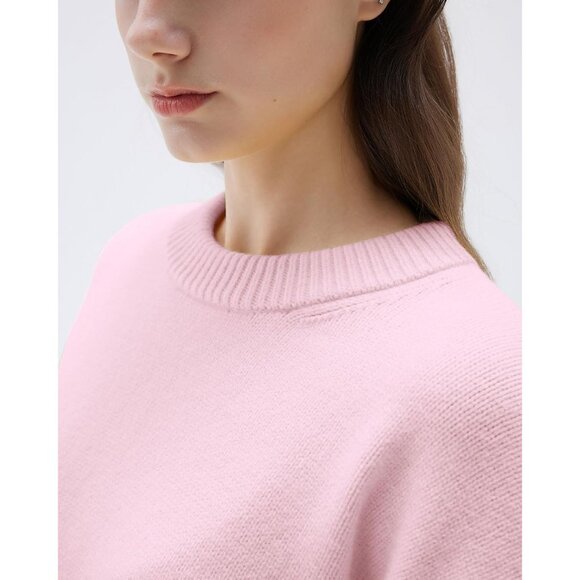 Women Cashmere Blend Oversized Crew Neck Powder Pink Soft Warm Pullover Sweater - Picture 3 of 5